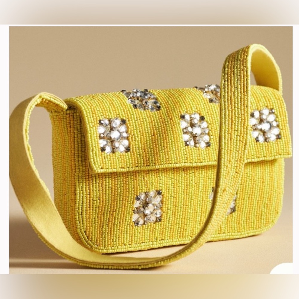 Anthropologie Yellow Beaded Crossbody Bag with Crystal Accents